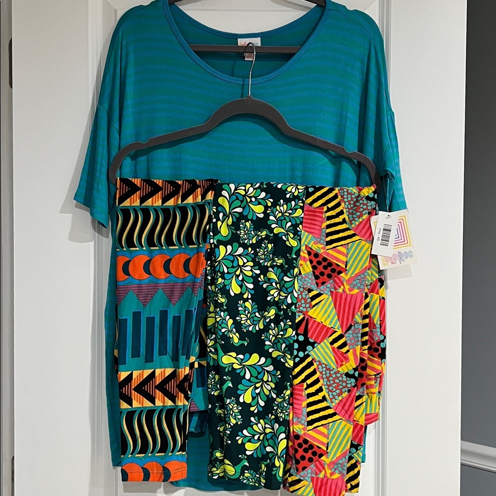 LuLaRoe XS Irma & OS 1.0 legging outfit bold color pattern -NWT
